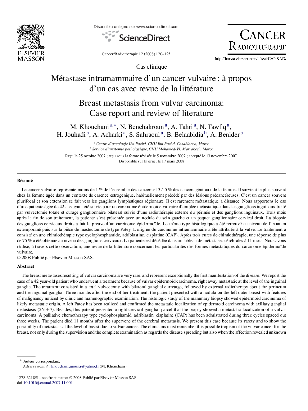 Métastase intramammaire d'un cancer vulvaireÂ : Ã  propos d'un cas avec revue de la littérature