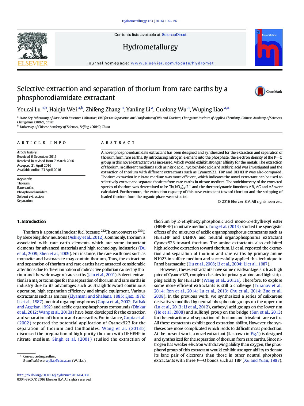 Selective extraction and separation of thorium from rare earths by a phosphorodiamidate extractant