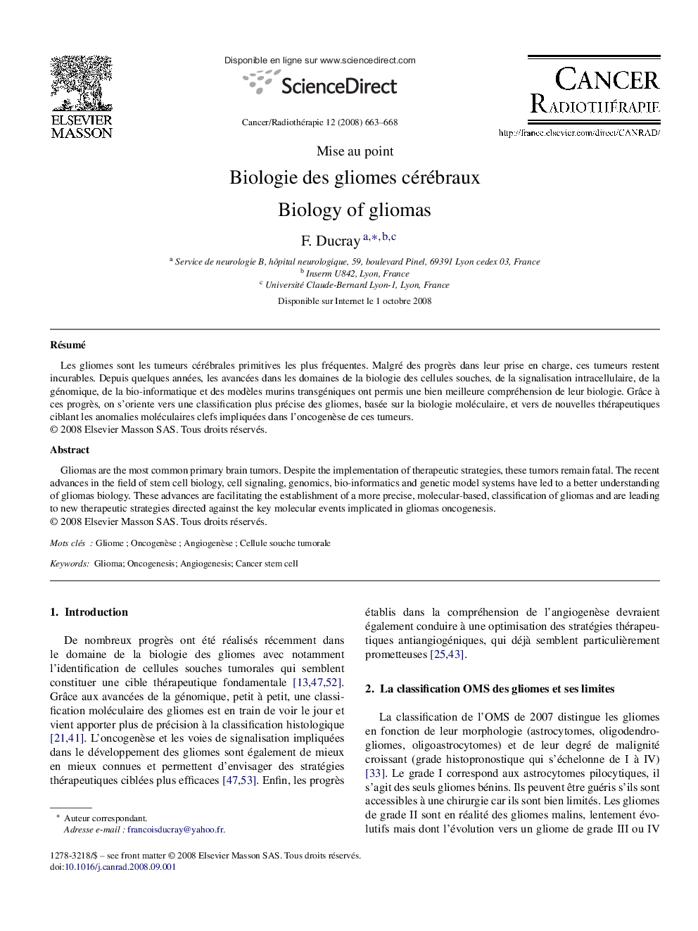 Biologie des gliomes cérébraux