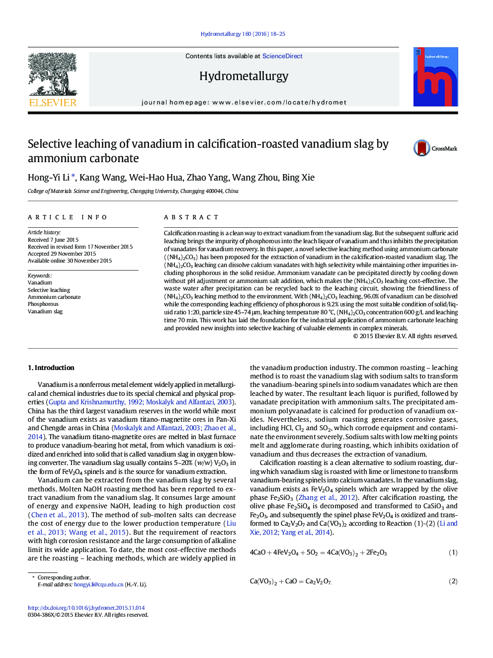 Selective leaching of vanadium in calcification-roasted vanadium slag by ammonium carbonate