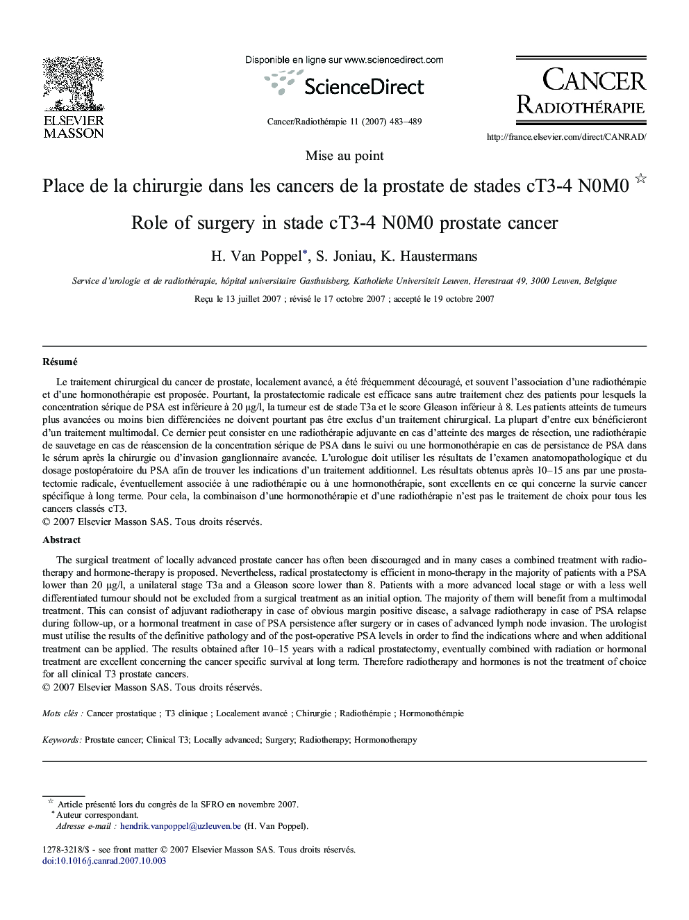 Place de la chirurgie dans les cancers de la prostate de stades cT3-4 N0M0 