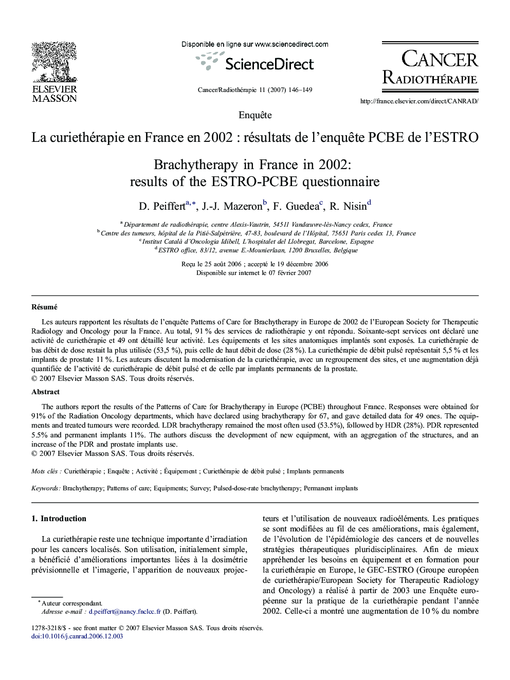 La curiethérapie en France en 2002 : résultats de l'enquête PCBE de l'ESTRO