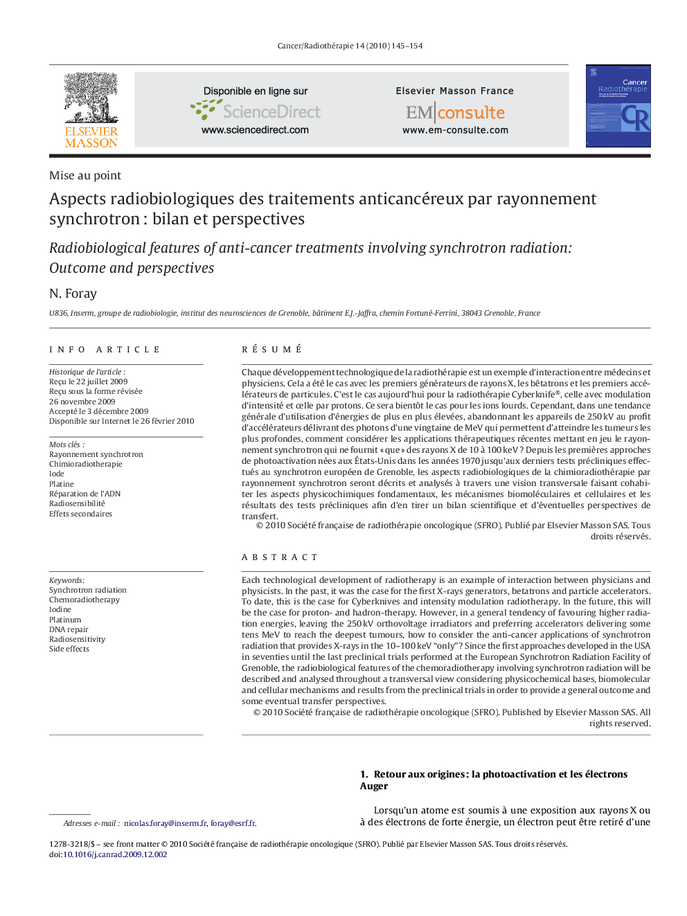 Aspects radiobiologiques des traitements anticancéreux par rayonnement synchrotron : bilan et perspectives