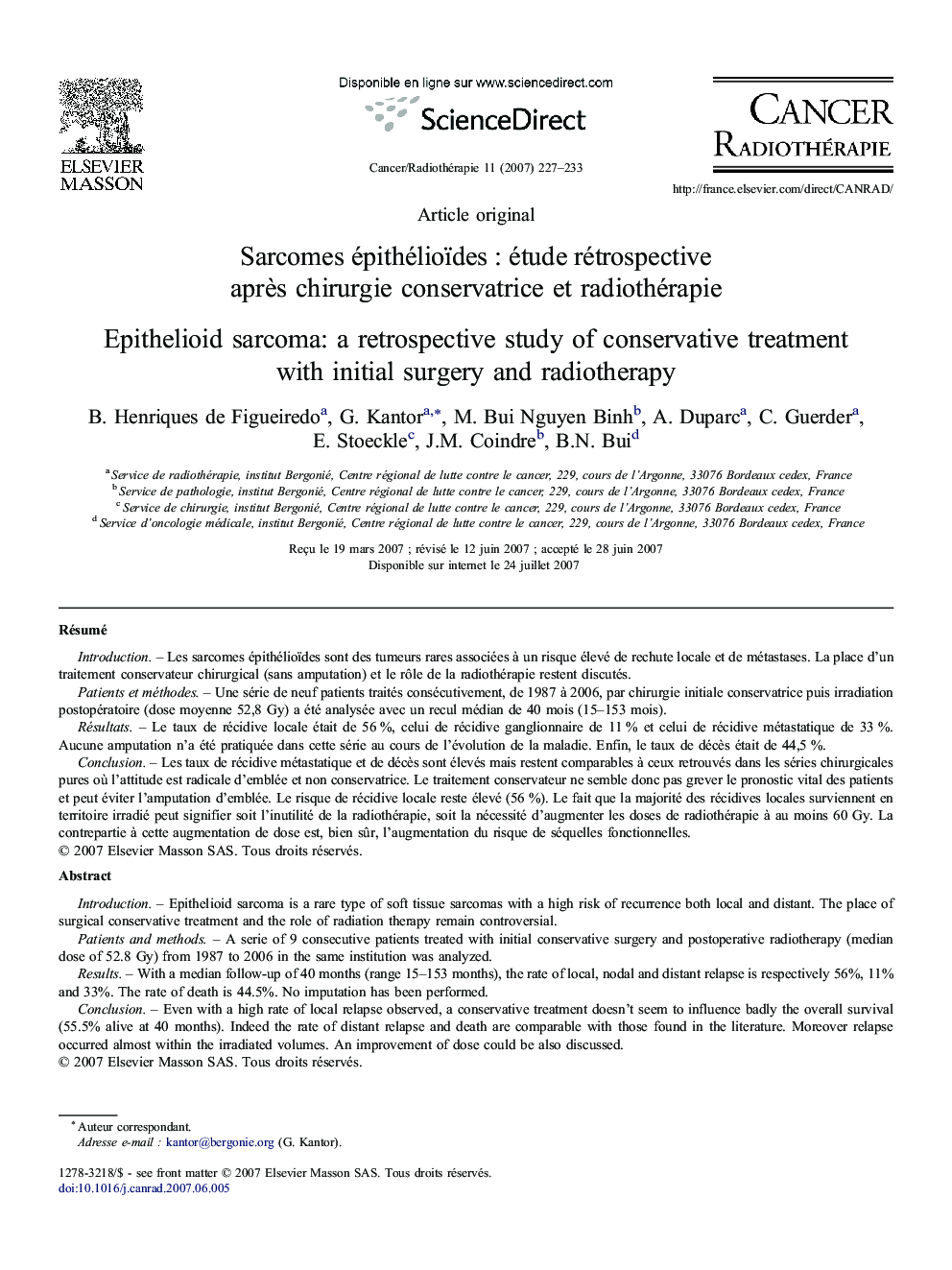 Sarcomes épithélioïdes : étude rétrospective après chirurgie conservatrice et radiothérapie