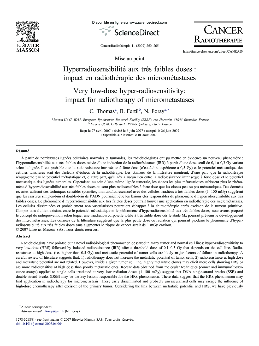 Hyperradiosensibilité aux très faibles doses : impact en radiothérapie des micrométastases