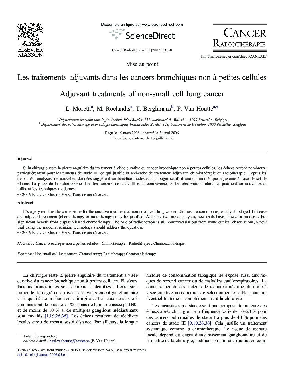 Les traitements adjuvants dans les cancers bronchiques non à petites cellules