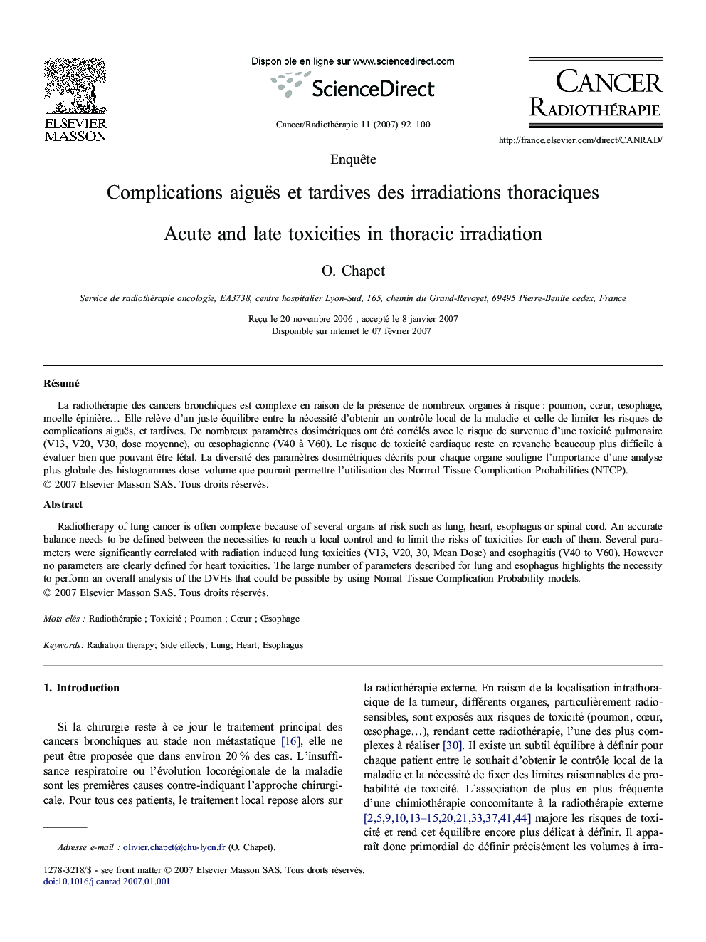 Complications aiguës et tardives des irradiations thoraciques