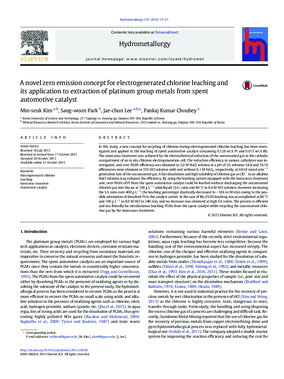 A novel zero emission concept for electrogenerated chlorine leaching and its application to extraction of platinum group metals from spent automotive catalyst