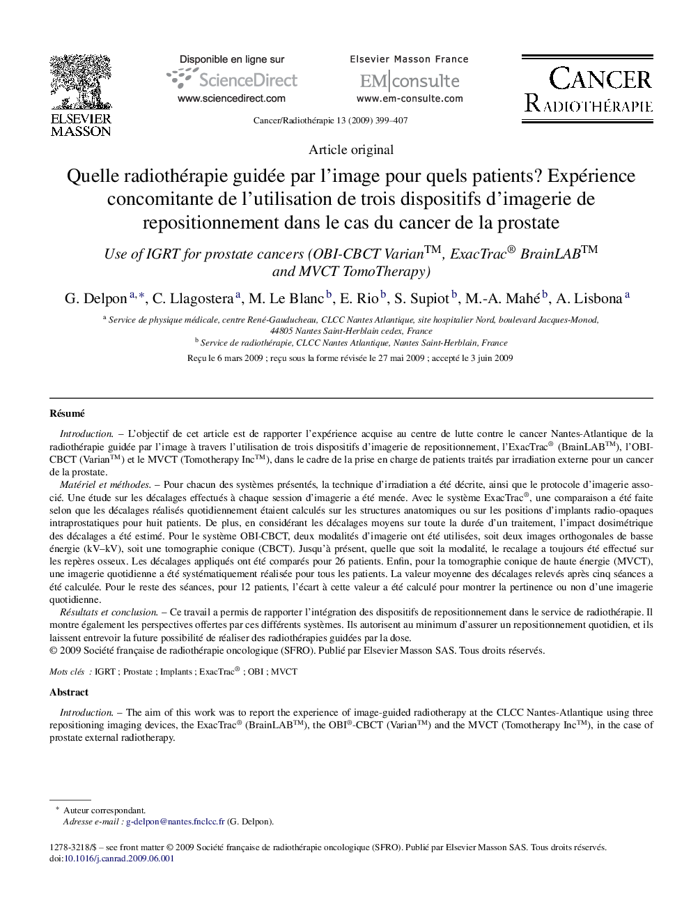 Quelle radiothérapie guidée par l’image pour quels patients? Expérience concomitante de l’utilisation de trois dispositifs d’imagerie de repositionnement dans le cas du cancer de la prostate