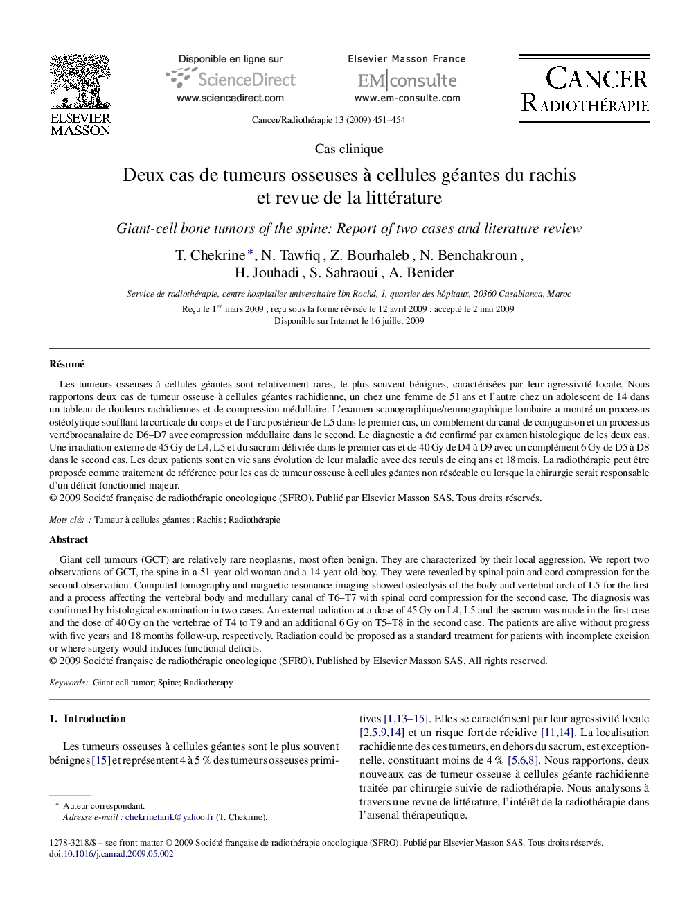 Deux cas de tumeurs osseuses à cellules géantes du rachis et revue de la littérature