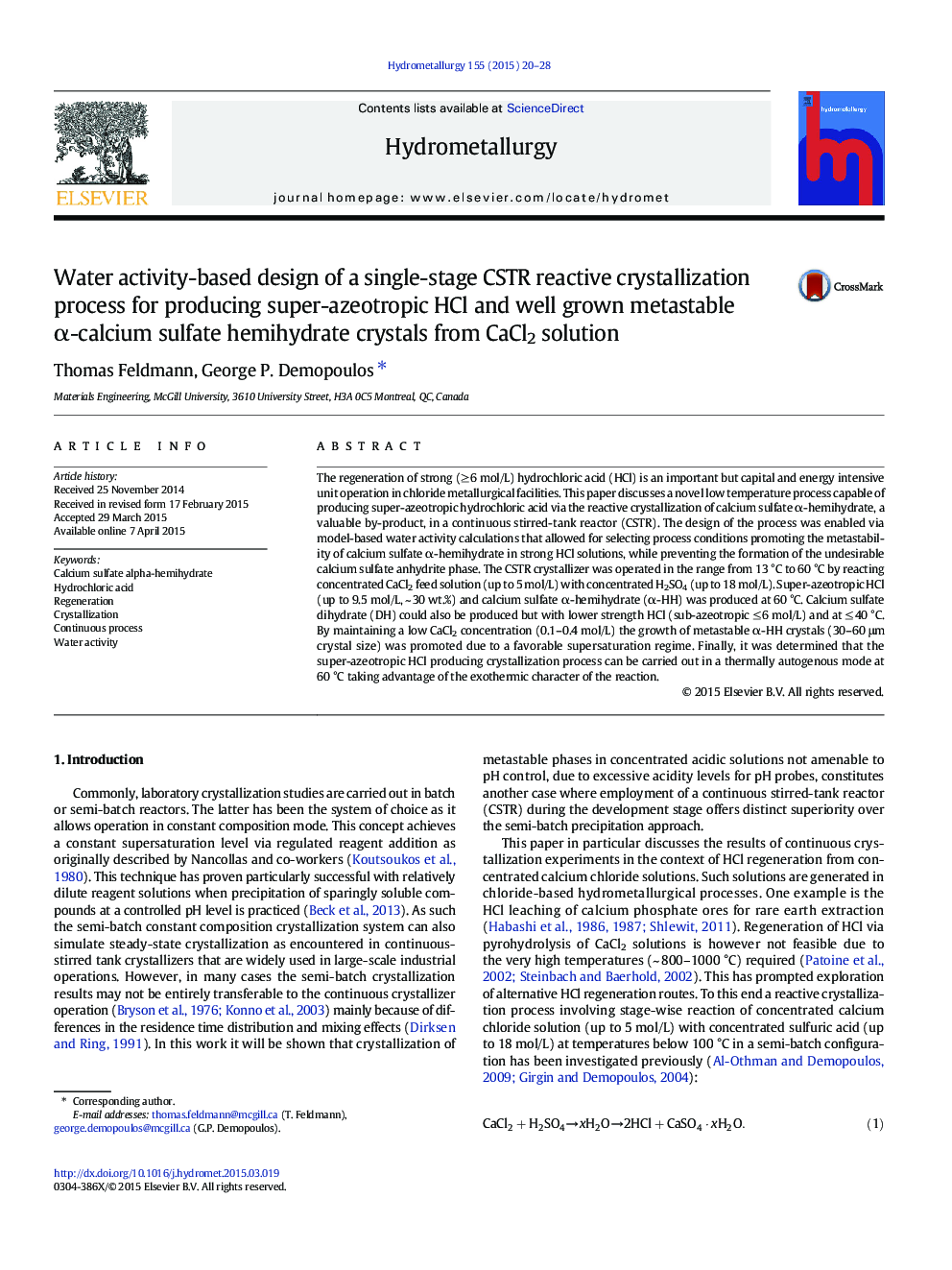 Water activity-based design of a single-stage CSTR reactive crystallization process for producing super-azeotropic HCl and well grown metastable α-calcium sulfate hemihydrate crystals from CaCl2 solution