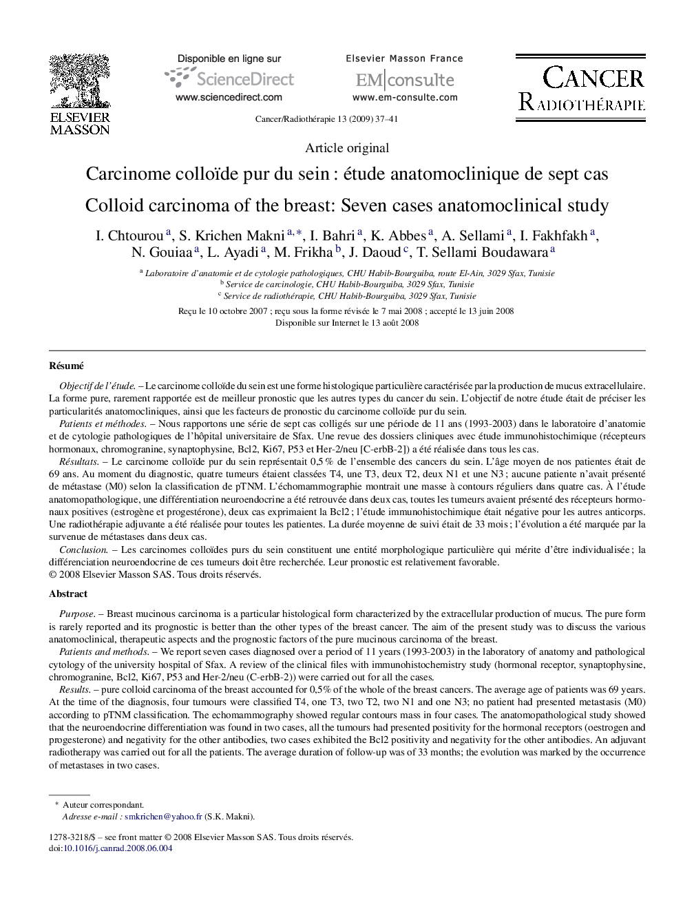 Carcinome colloïde pur du sein : étude anatomoclinique de sept cas