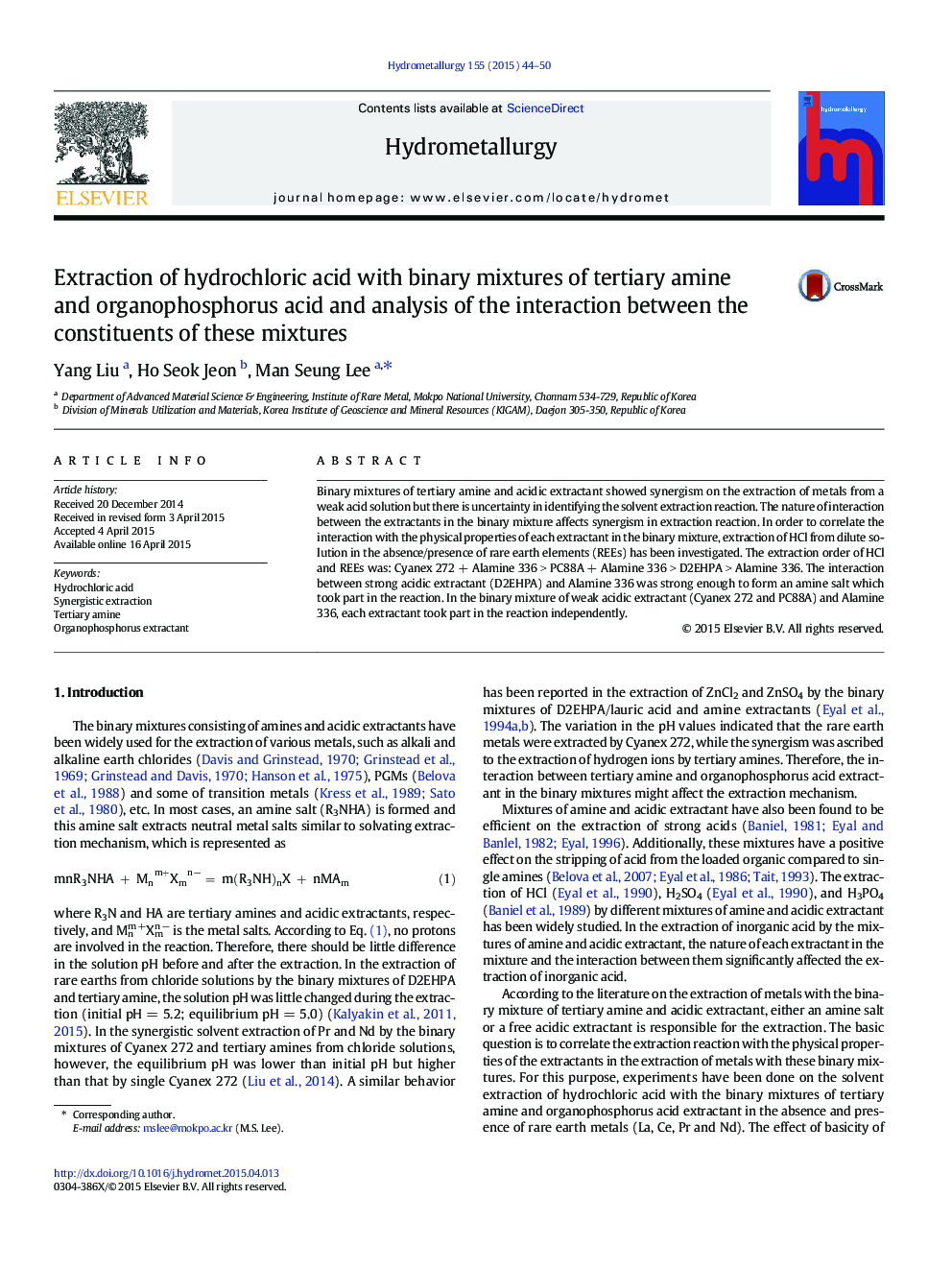 Extraction of hydrochloric acid with binary mixtures of tertiary amine and organophosphorus acid and analysis of the interaction between the constituents of these mixtures