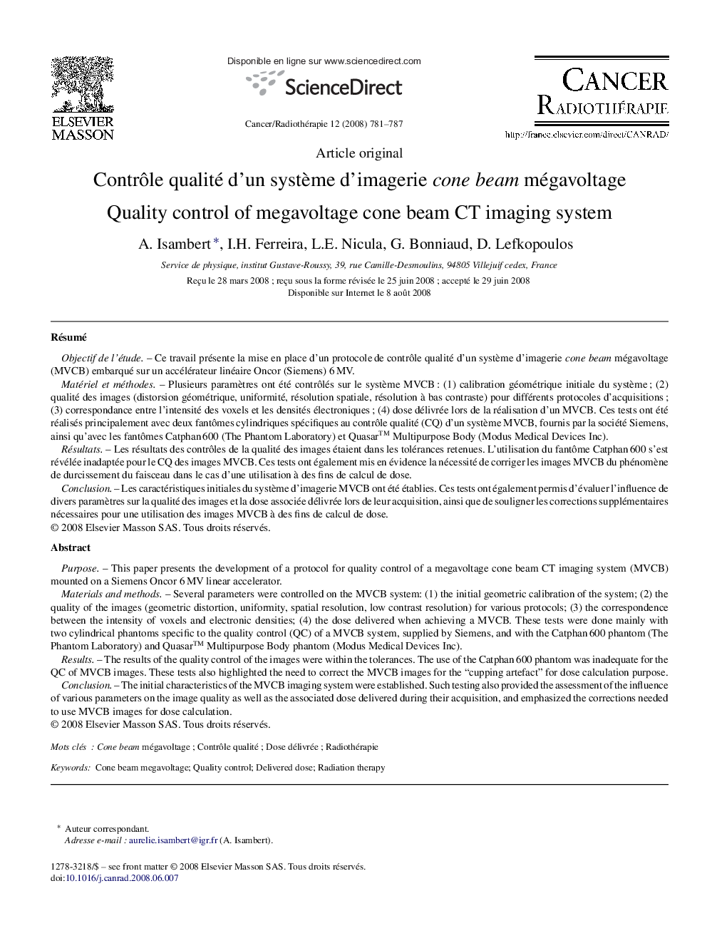 Contrôle qualité d’un système d’imagerie cone beam mégavoltage