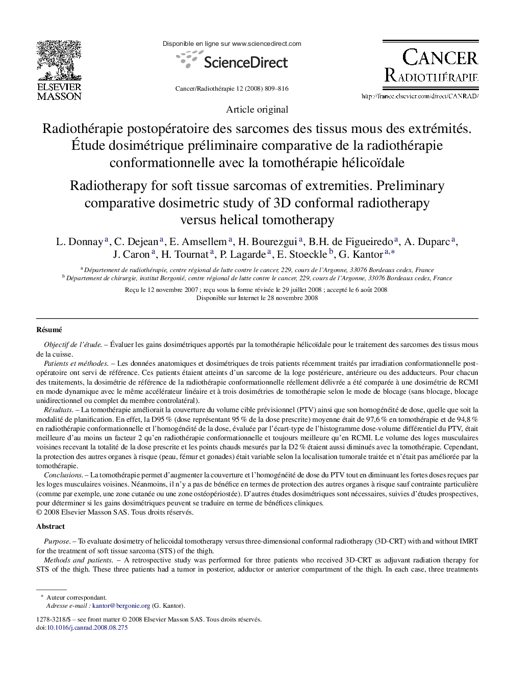 Radiothérapie postopératoire des sarcomes des tissus mous des extrémités. Étude dosimétrique préliminaire comparative de la radiothérapie conformationnelle avec la tomothérapie hélicoïdale