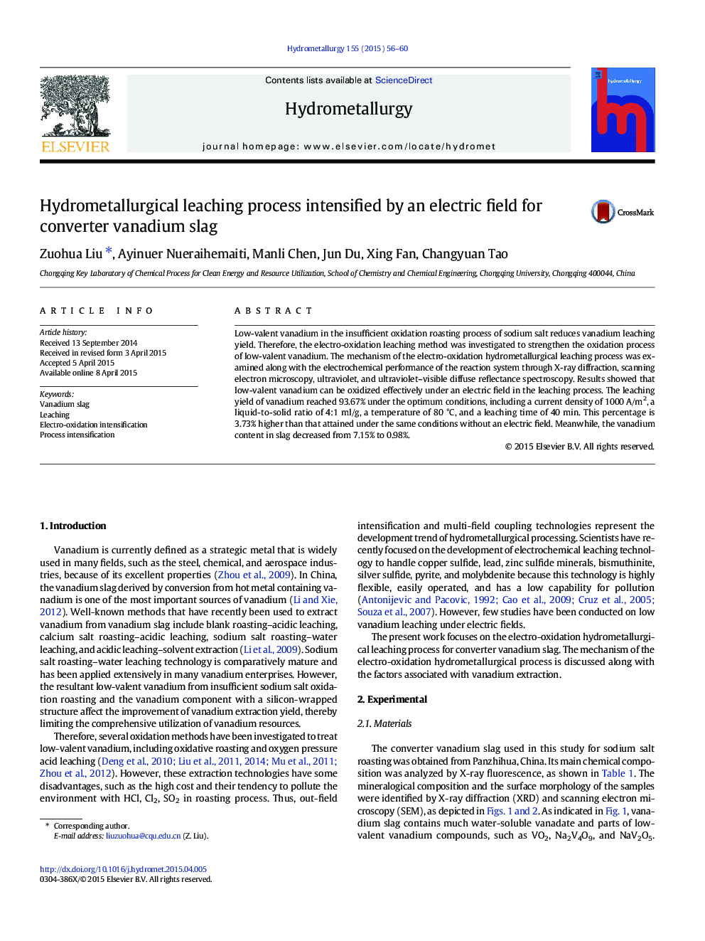 Hydrometallurgical leaching process intensified by an electric field for converter vanadium slag