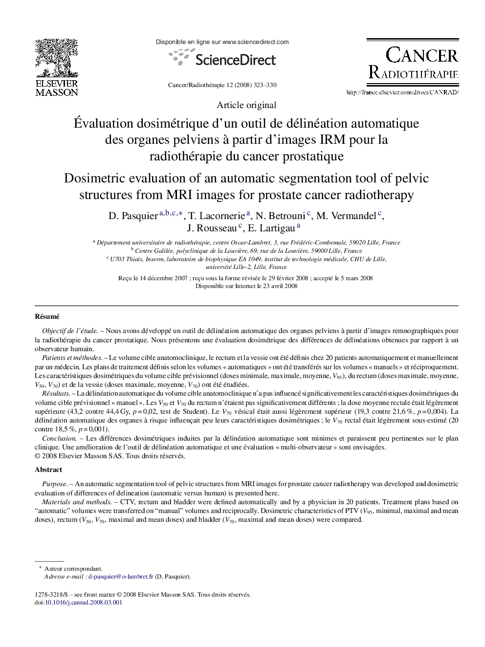 Évaluation dosimétrique d’un outil de délinéation automatique des organes pelviens à partir d’images IRM pour la radiothérapie du cancer prostatique