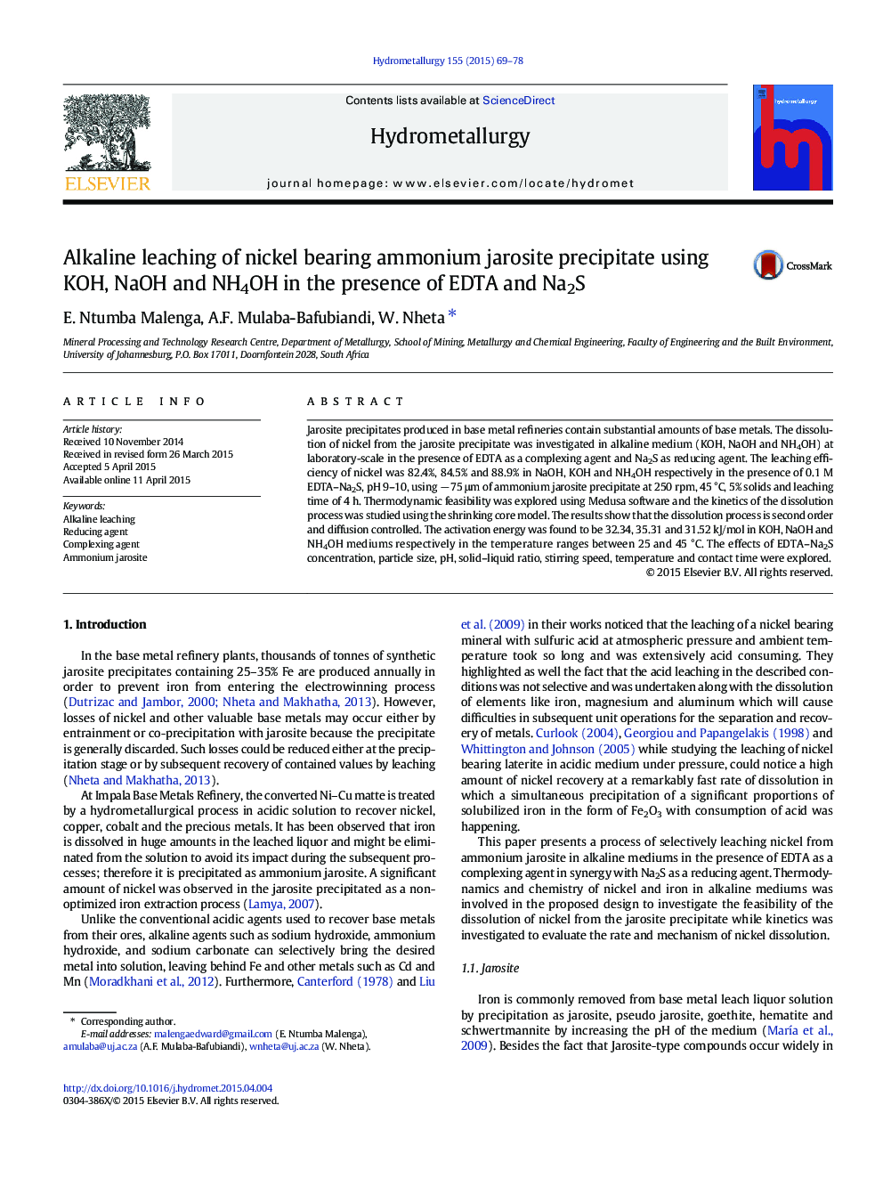 Alkaline leaching of nickel bearing ammonium jarosite precipitate using KOH, NaOH and NH4OH in the presence of EDTA and Na2S