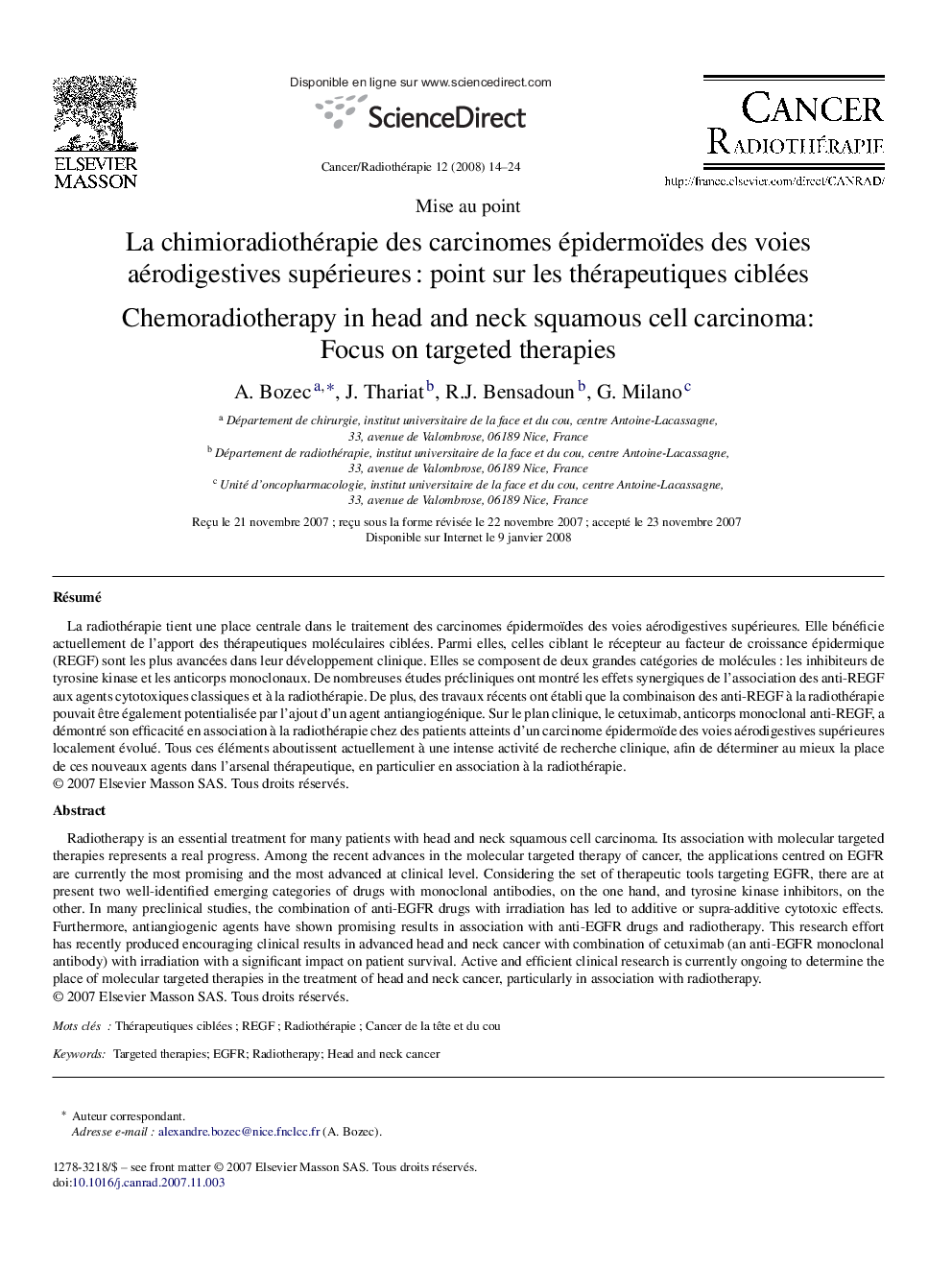 La chimioradiothérapie des carcinomes épidermoïdes des voies aérodigestives supérieuresÂ : point sur les thérapeutiques ciblées