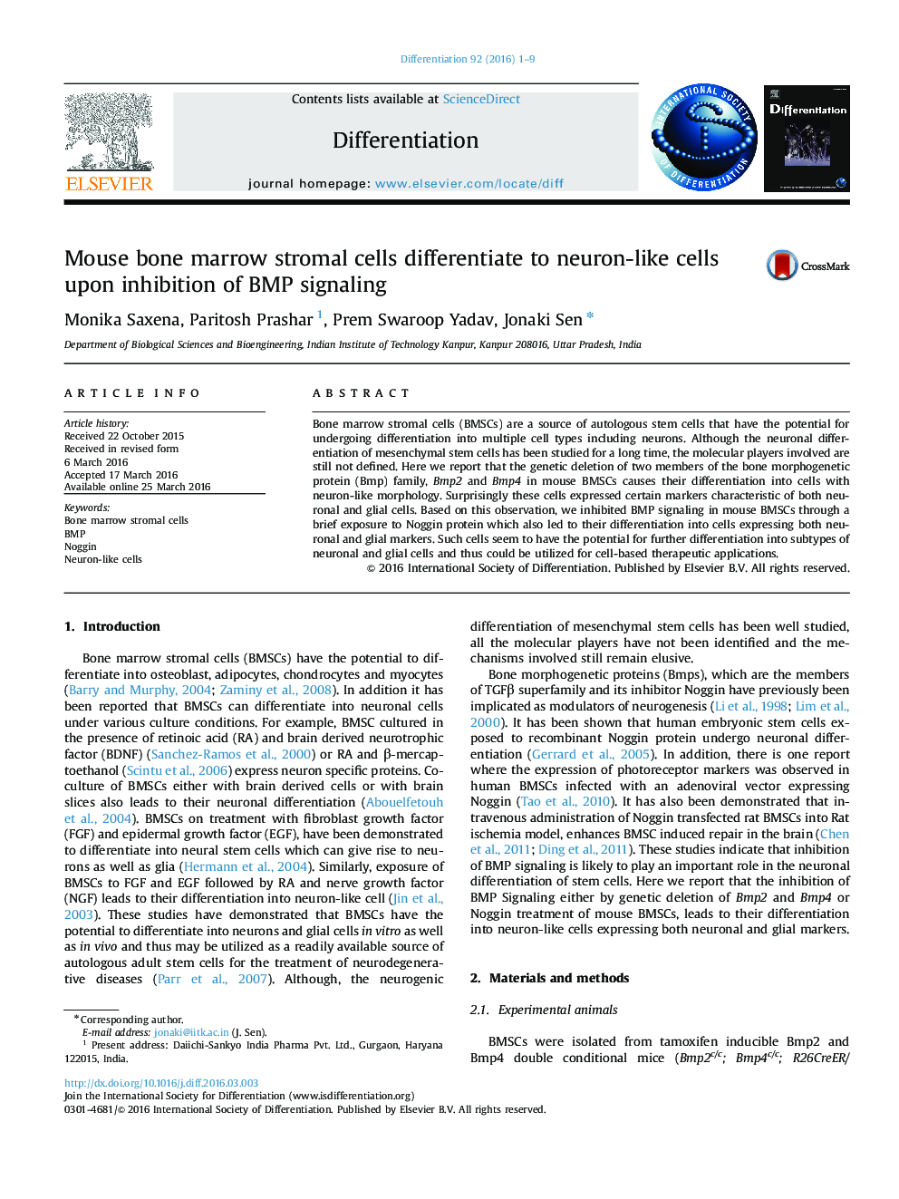 Mouse bone marrow stromal cells differentiate to neuron-like cells upon inhibition of BMP signaling