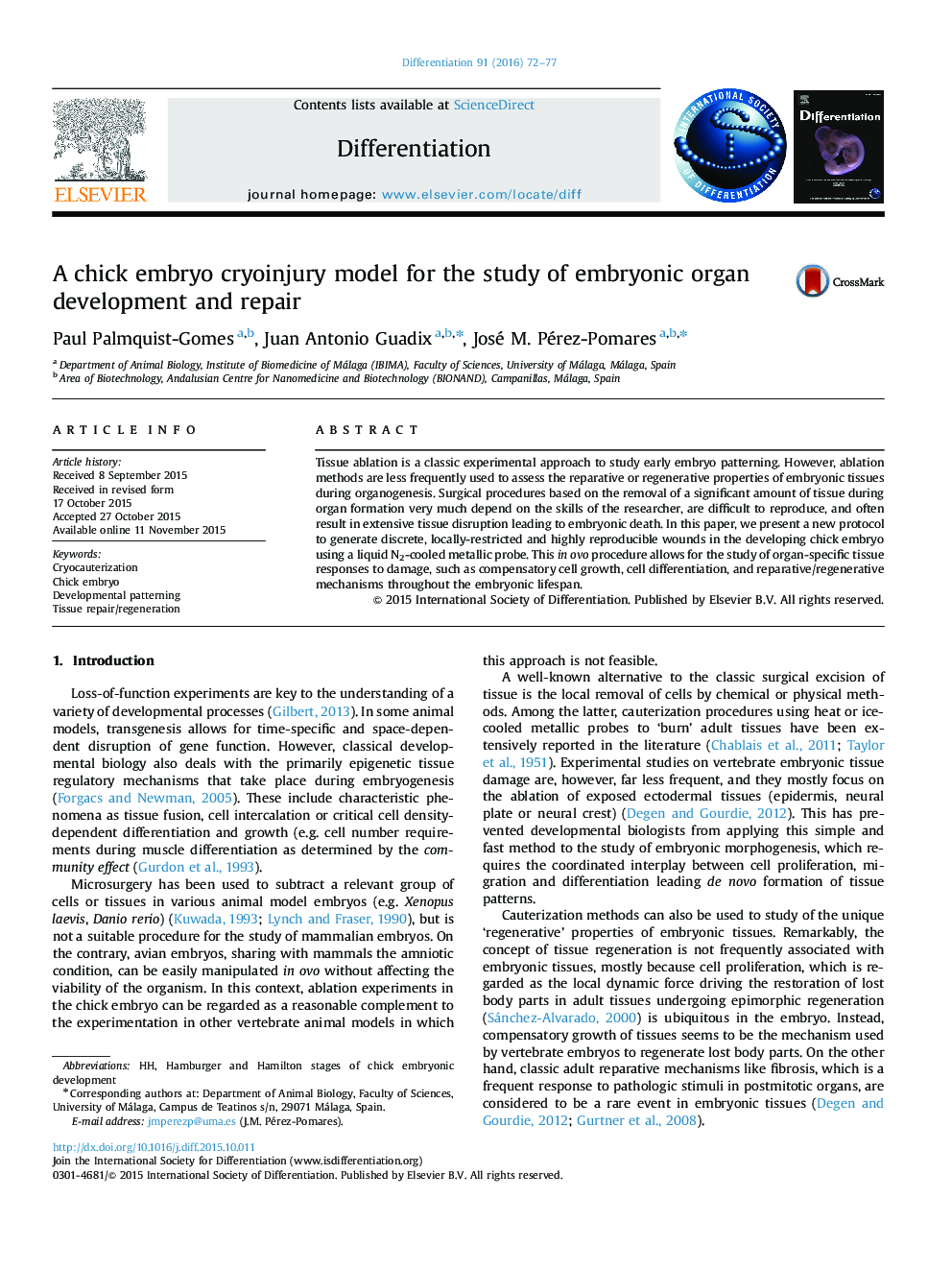 A chick embryo cryoinjury model for the study of embryonic organ development and repair