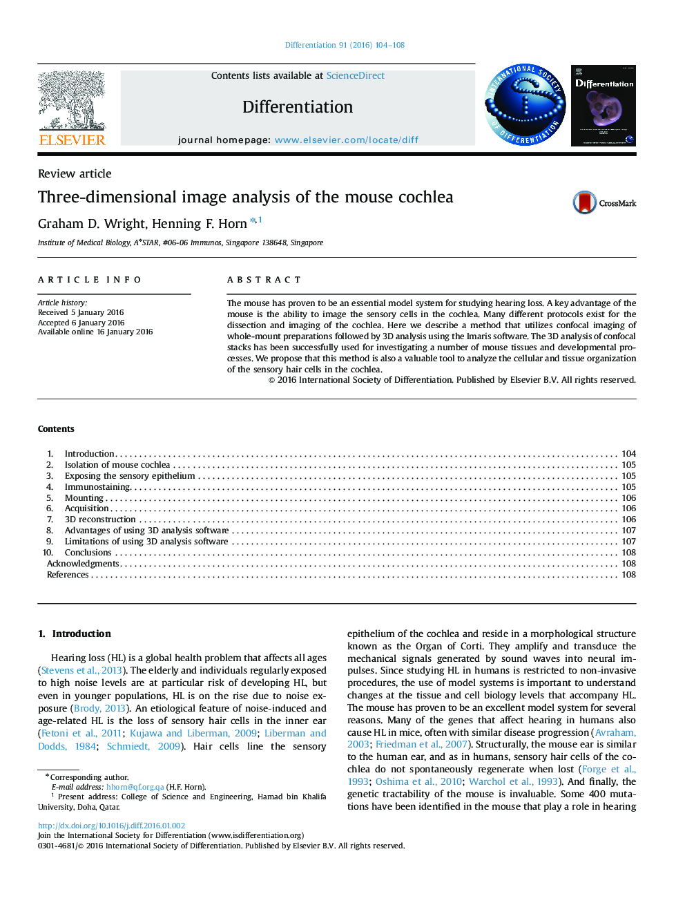 Three-dimensional image analysis of the mouse cochlea