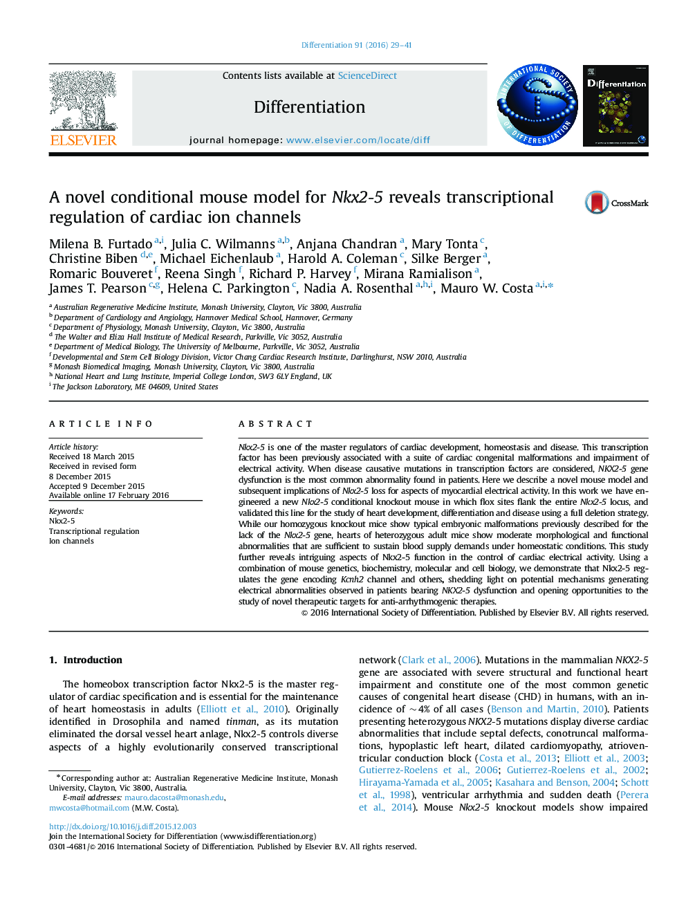 A novel conditional mouse model for Nkx2-5 reveals transcriptional regulation of cardiac ion channels