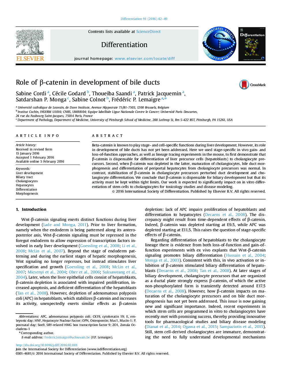 Role of β-catenin in development of bile ducts