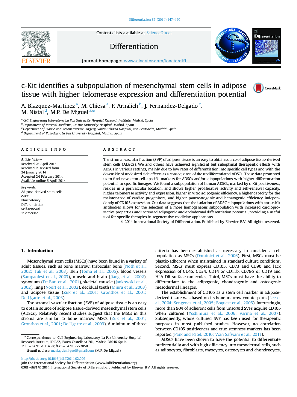 c-Kit identifies a subpopulation of mesenchymal stem cells in adipose tissue with higher telomerase expression and differentiation potential