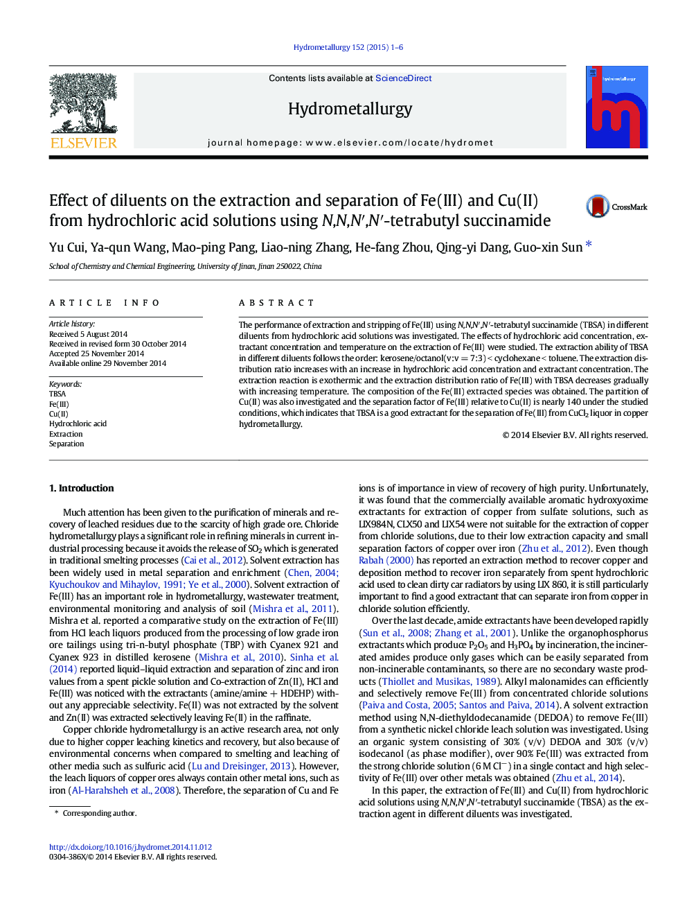 Effect of diluents on the extraction and separation of Fe(III) and Cu(II) from hydrochloric acid solutions using N,N,N′,N′-tetrabutyl succinamide