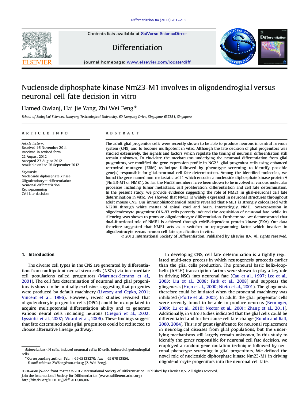 Nucleoside diphosphate kinase Nm23-M1 involves in oligodendroglial versus neuronal cell fate decision in vitro