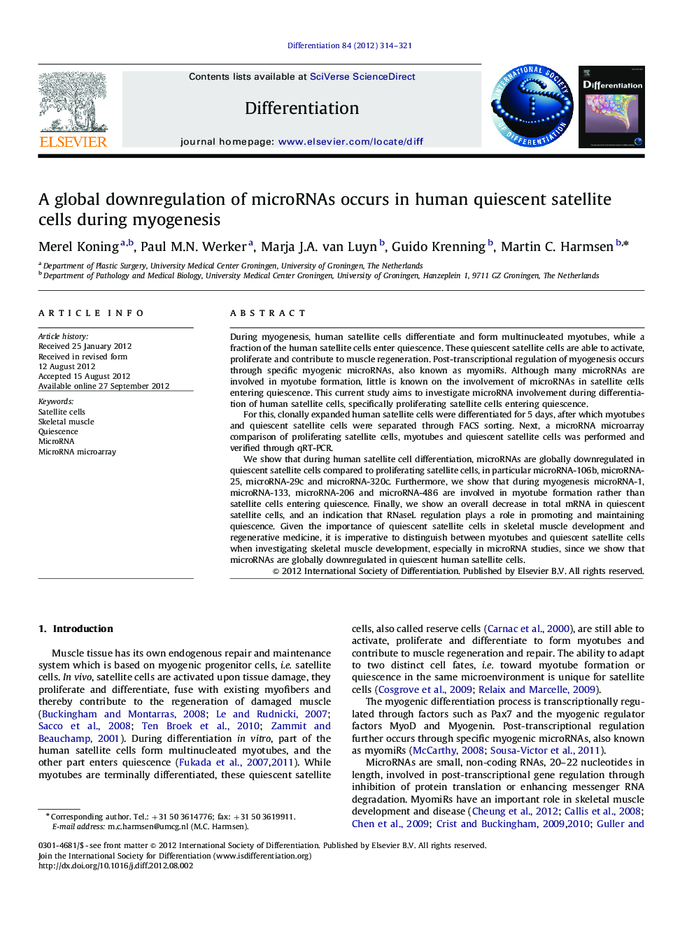 A global downregulation of microRNAs occurs in human quiescent satellite cells during myogenesis