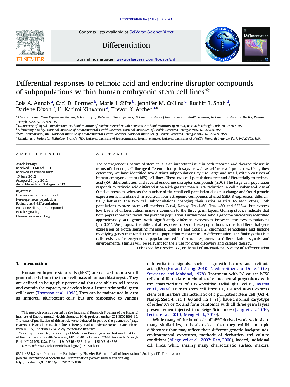 عکس صفحه اول مقاله: Differential responses to retinoic acid and endocrine disruptor compounds of subpopulations within human embryonic stem cell lines Differential responses to retinoic acid and endocrine disruptor compounds of subpopulations within human embryonic stem cell lines