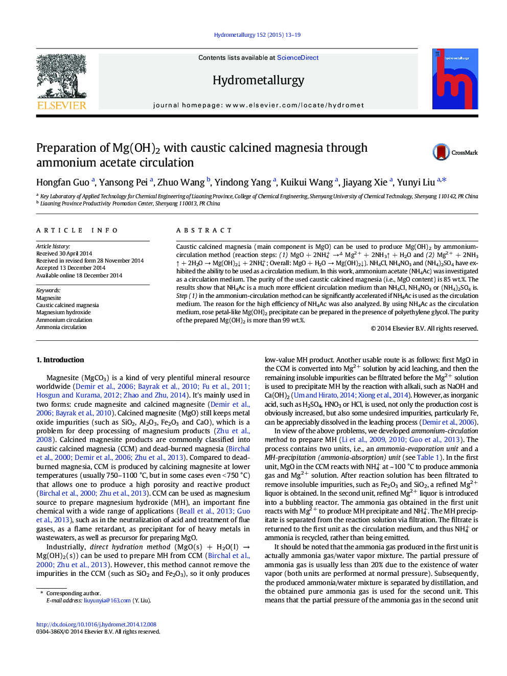 Preparation of Mg(OH)2 with caustic calcined magnesia through ammonium acetate circulation