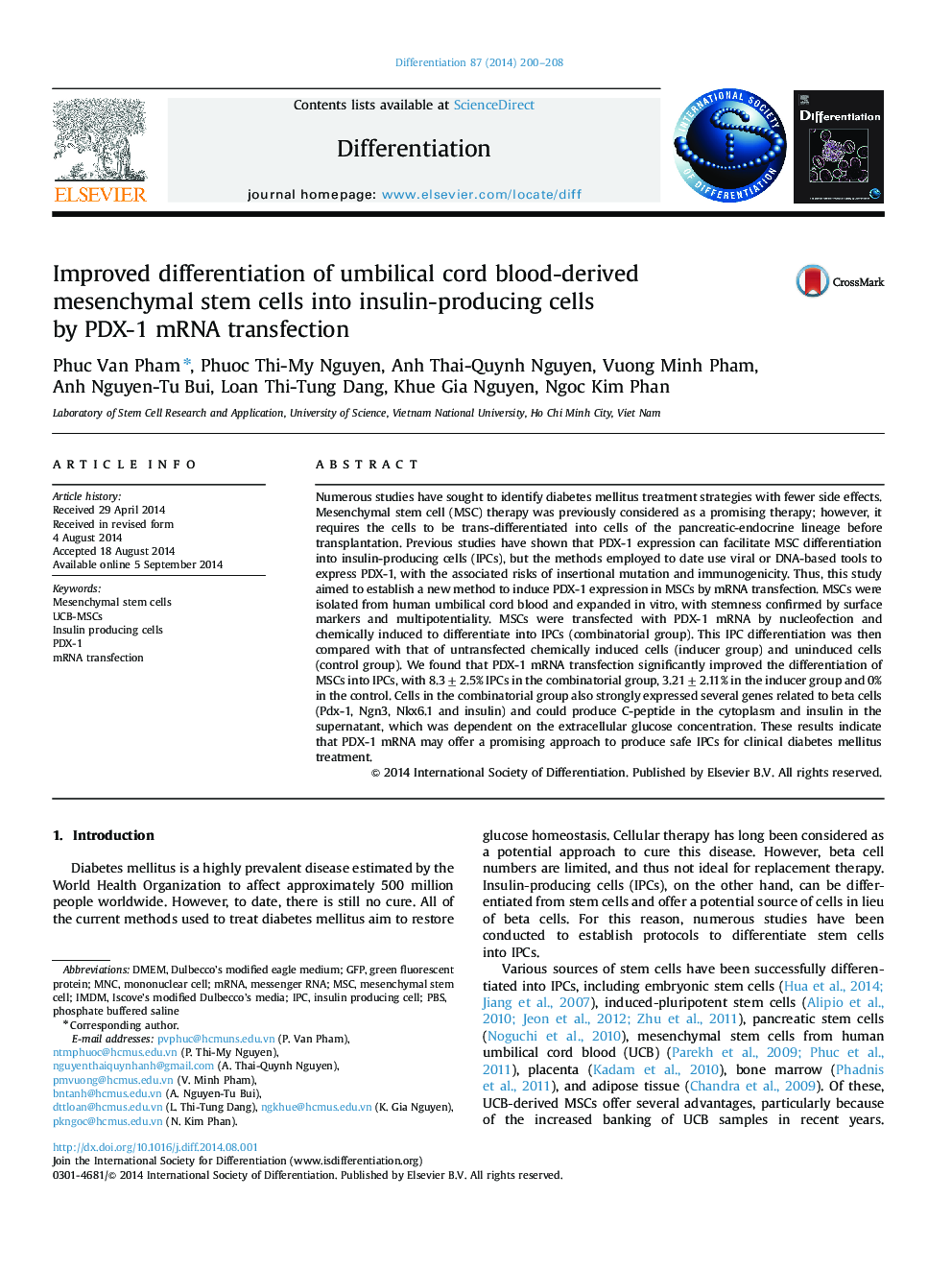 Improved differentiation of umbilical cord blood-derived mesenchymal stem cells into insulin-producing cells by PDX-1 mRNA transfection