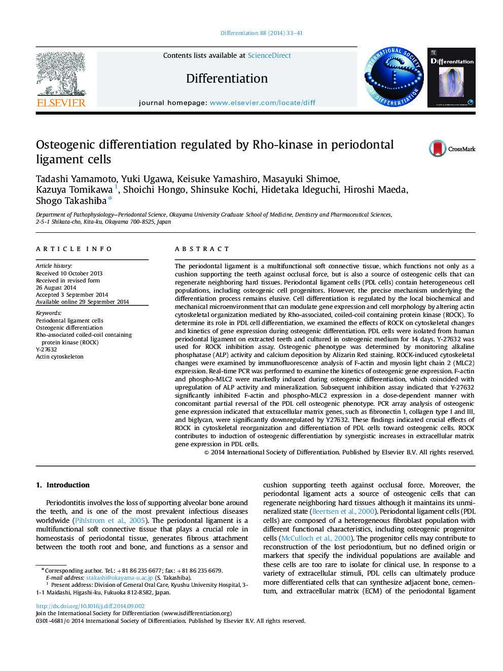 Osteogenic differentiation regulated by Rho-kinase in periodontal ligament cells