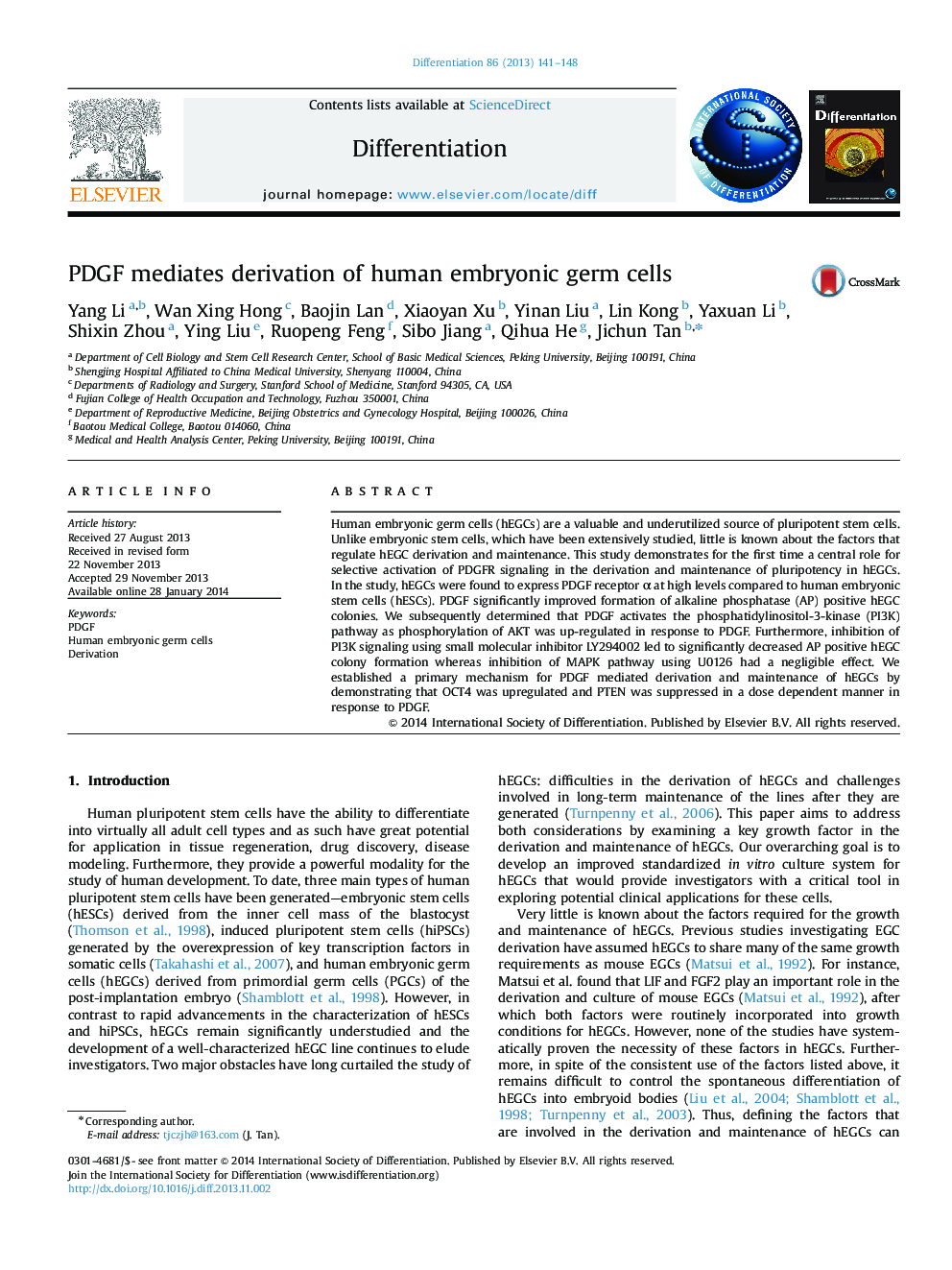 PDGF mediates derivation of human embryonic germ cells