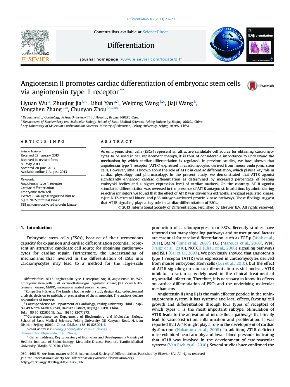 Angiotensin II promotes cardiac differentiation of embryonic stem cells via angiotensin type 1 receptor 