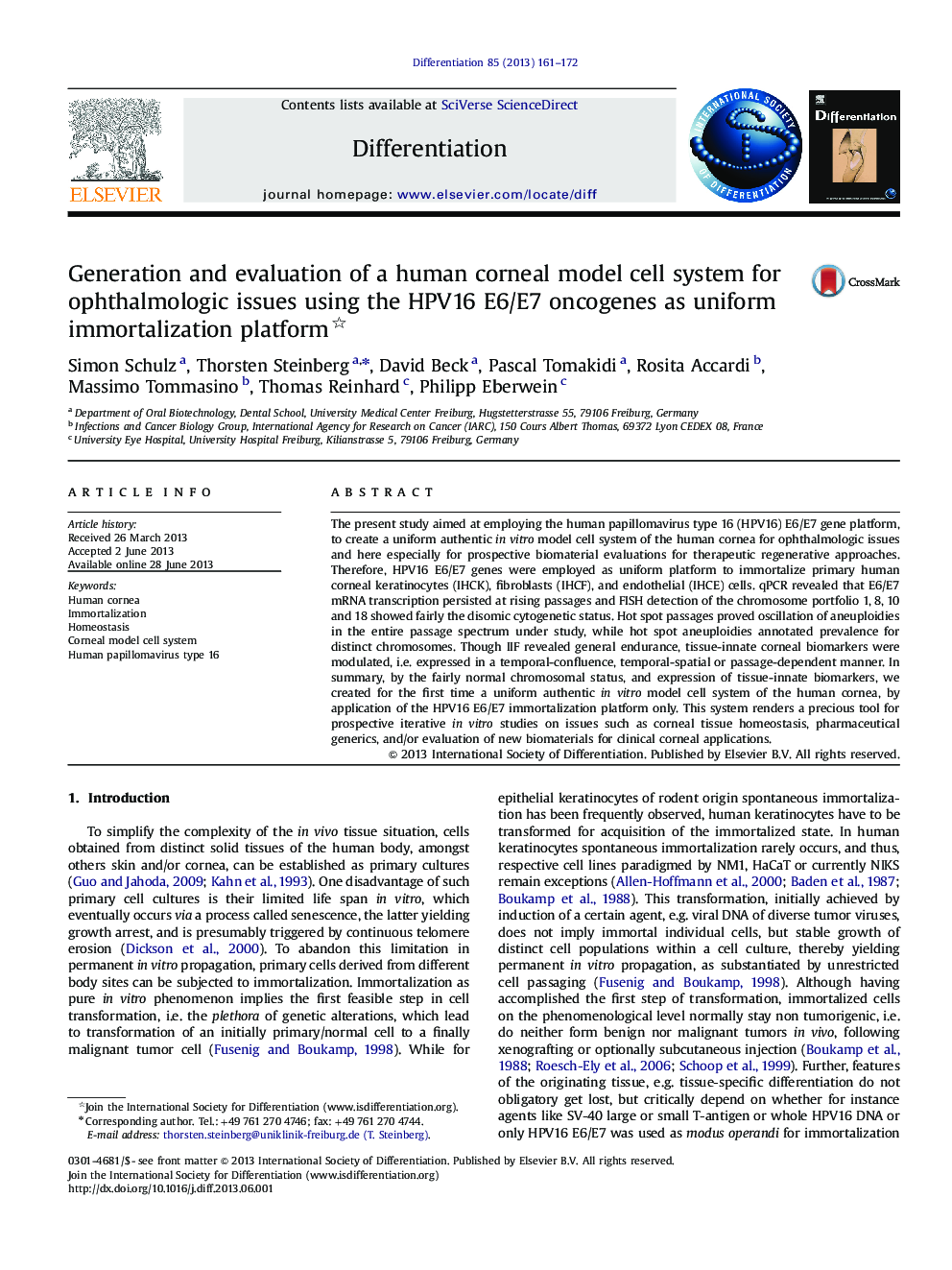 Generation and evaluation of a human corneal model cell system for ophthalmologic issues using the HPV16 E6/E7 oncogenes as uniform immortalization platform 