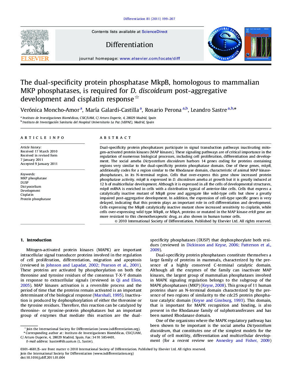 The dual-specificity protein phosphatase MkpB, homologous to mammalian MKP phosphatases, is required for D. discoideum post-aggregative development and cisplatin response 