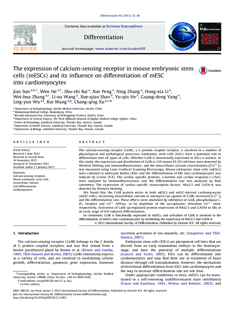 The expression of calcium-sensing receptor in mouse embryonic stem cells (mESCs) and its influence on differentiation of mESC into cardiomyocytes