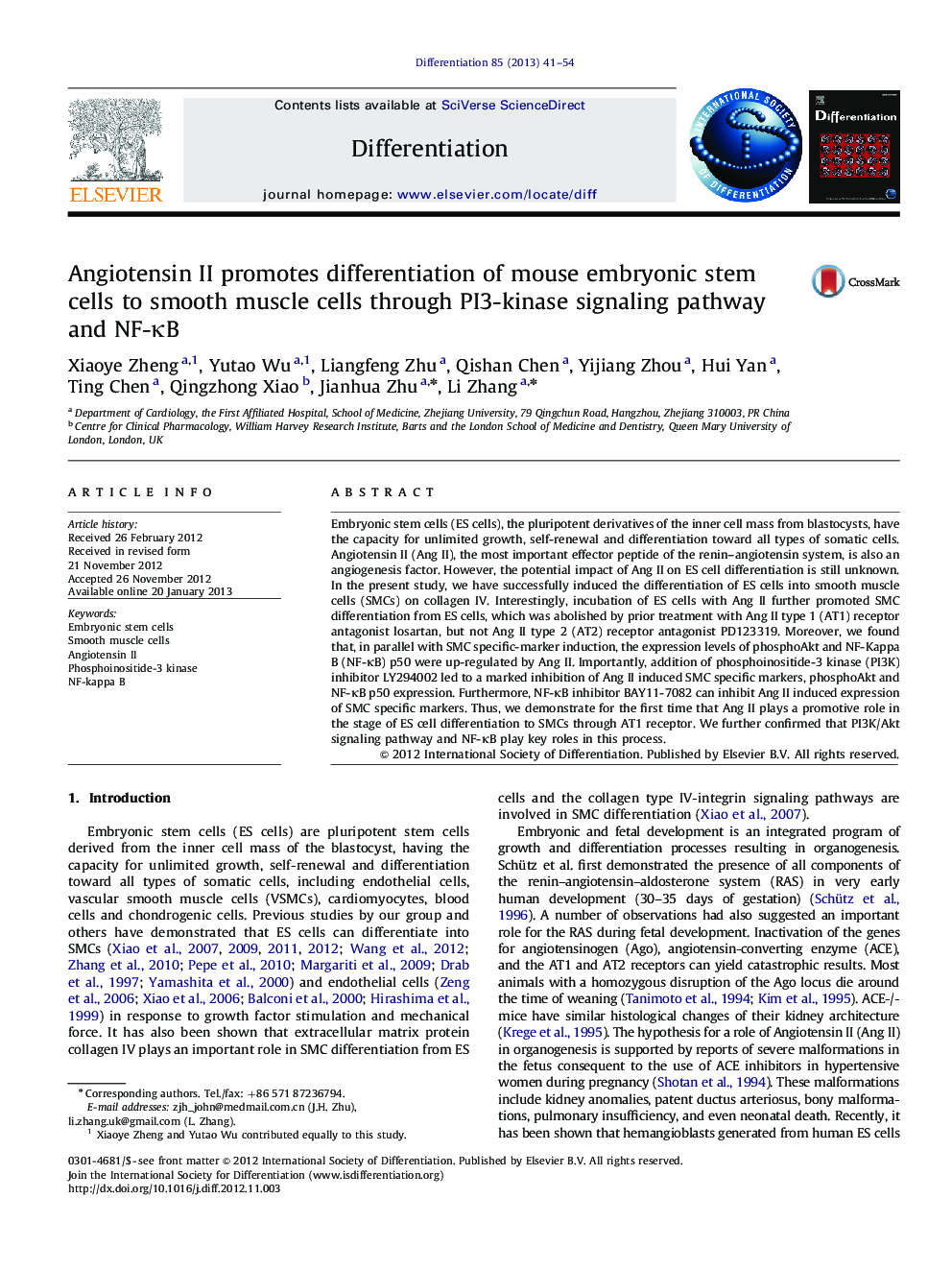 Angiotensin II promotes differentiation of mouse embryonic stem cells to smooth muscle cells through PI3-kinase signaling pathway and NF-κB