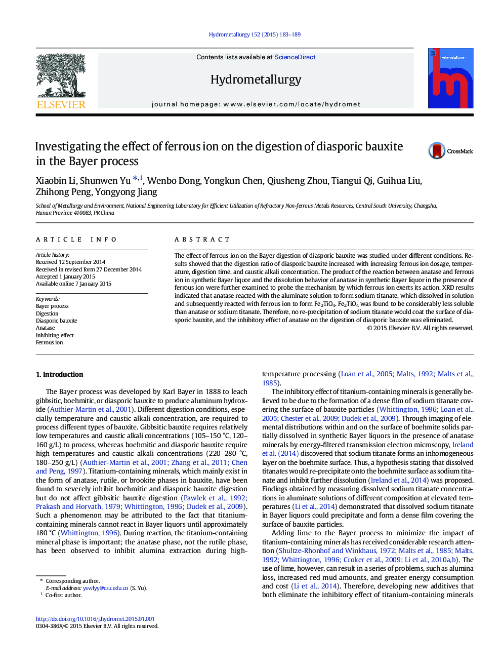 Investigating the effect of ferrous ion on the digestion of diasporic bauxite in the Bayer process