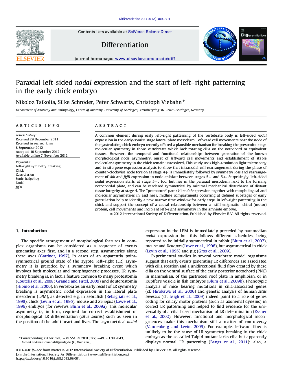 Paraxial left-sided nodal expression and the start of left–right patterning in the early chick embryo