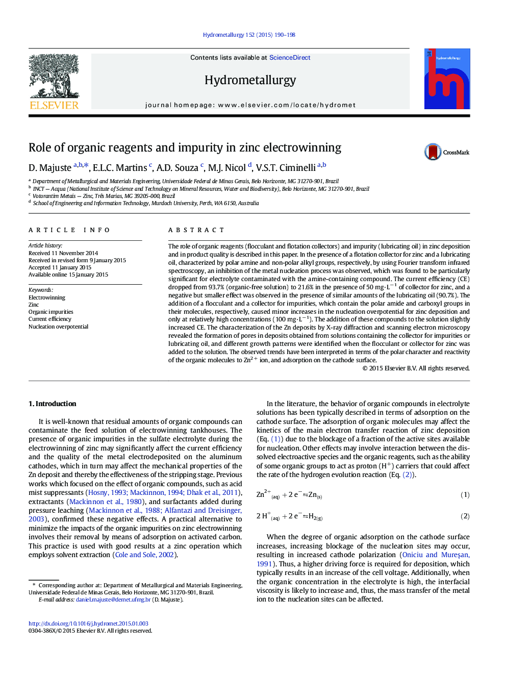Role of organic reagents and impurity in zinc electrowinning