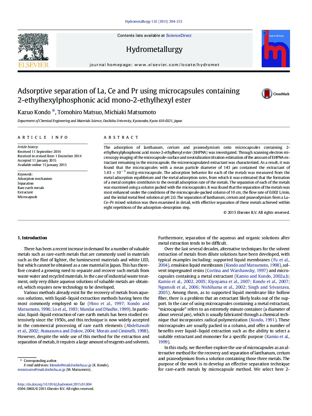 Adsorptive separation of La, Ce and Pr using microcapsules containing 2-ethylhexylphosphonic acid mono-2-ethylhexyl ester