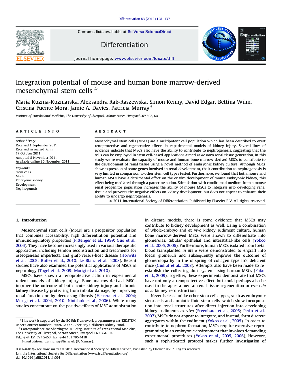 Integration potential of mouse and human bone marrow-derived mesenchymal stem cells 