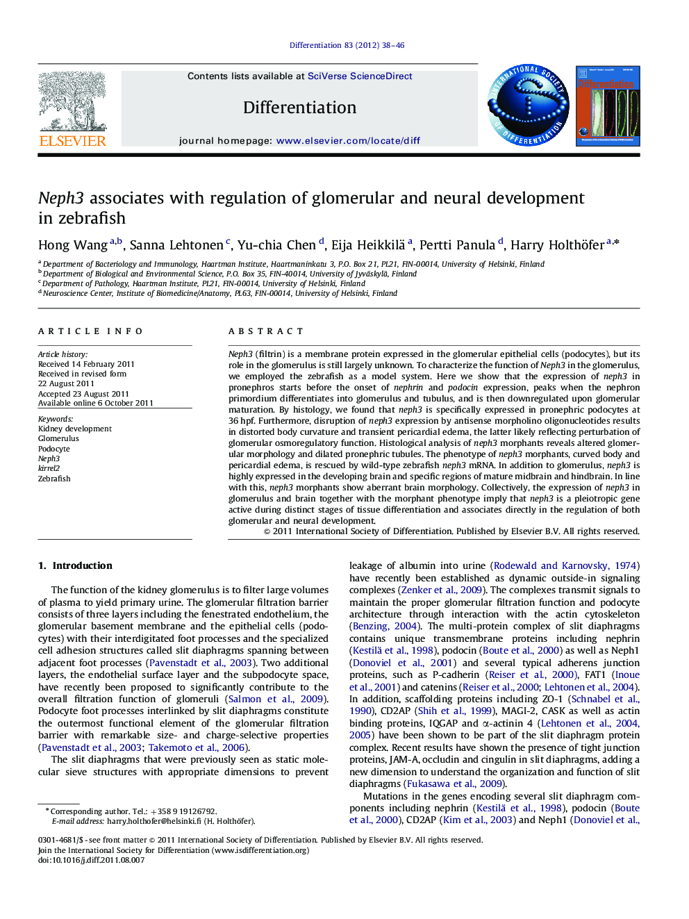 Neph3 associates with regulation of glomerular and neural development in zebrafish