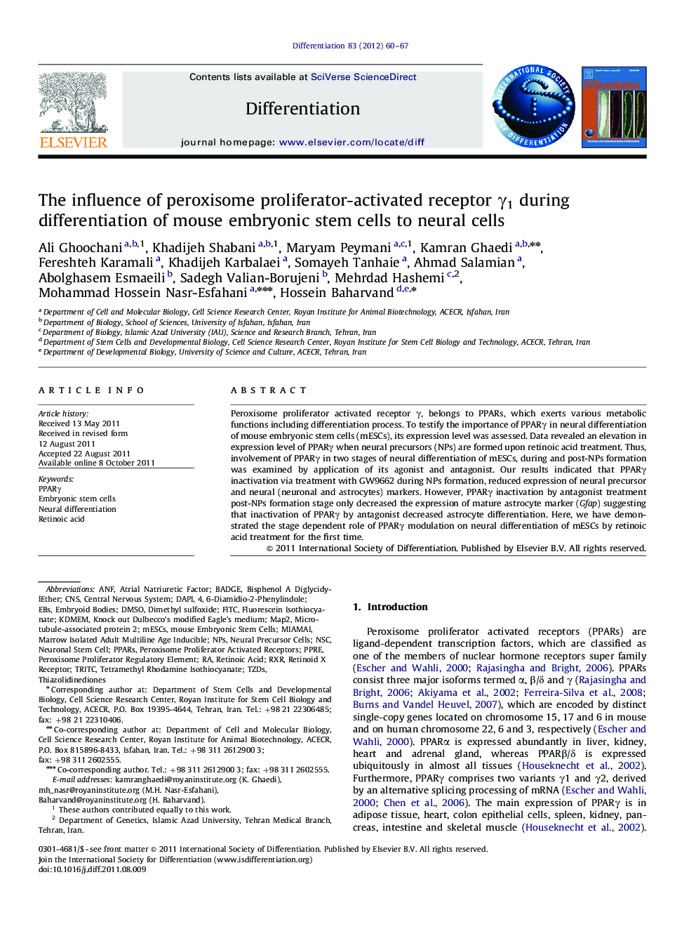 The influence of peroxisome proliferator-activated receptor γ1 during differentiation of mouse embryonic stem cells to neural cells