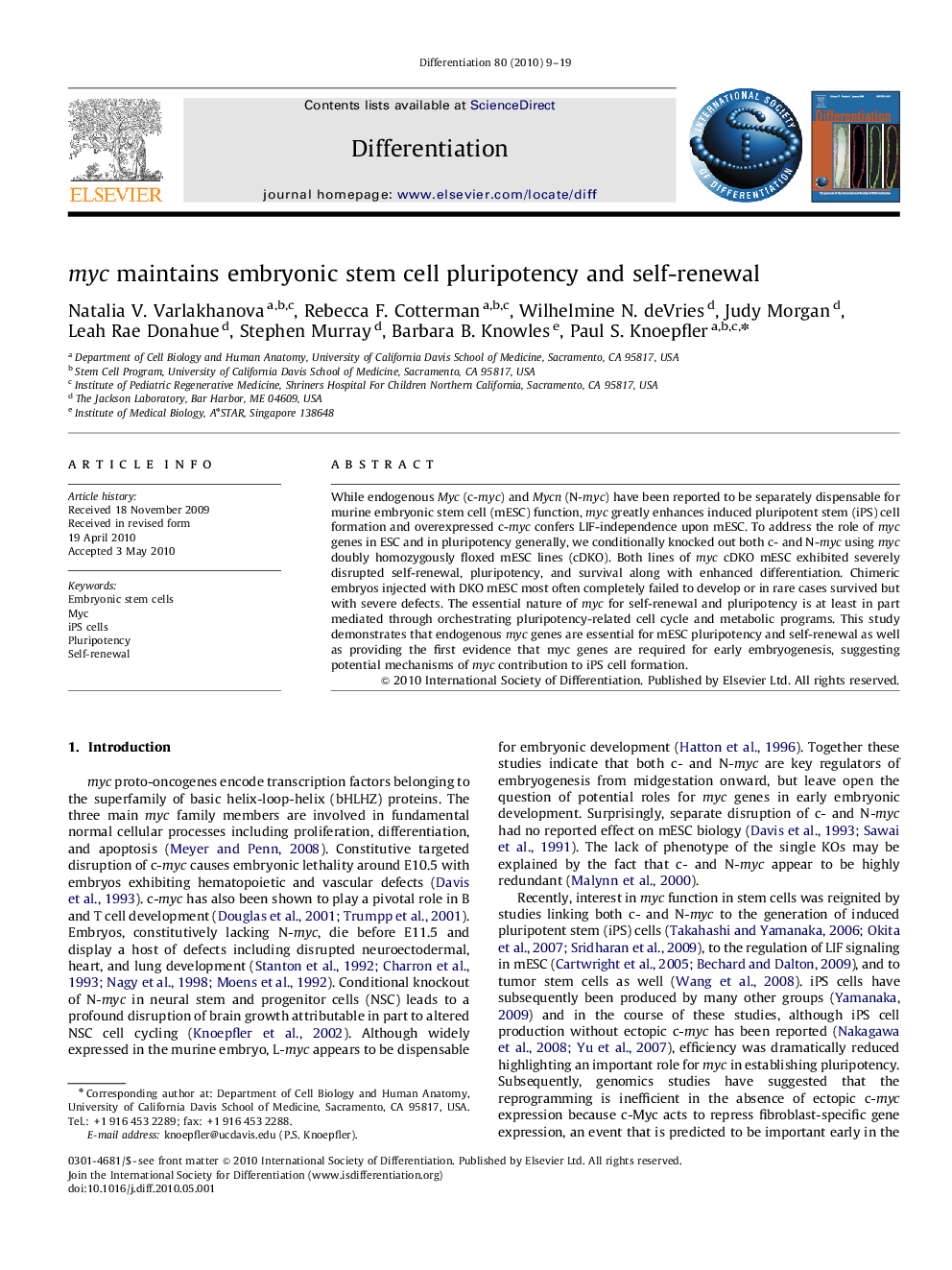 myc maintains embryonic stem cell pluripotency and self-renewal